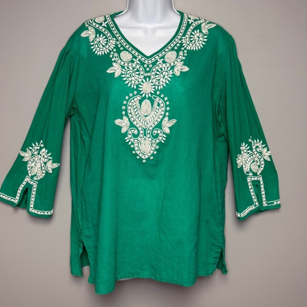 Chico's Kelly Green Boho Linen‎ Blend Beachy Resortwear Beaded Tunic Sz XL